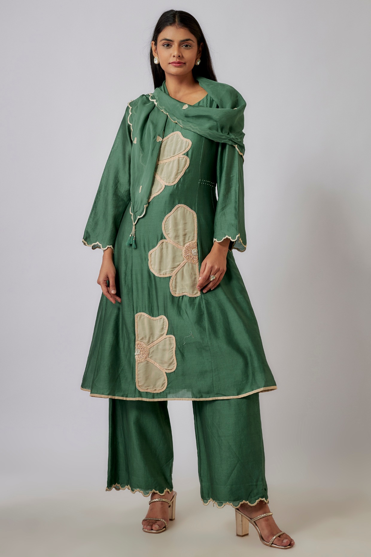 Cyan Green Embroidered Straight Kurti with Straight Pants